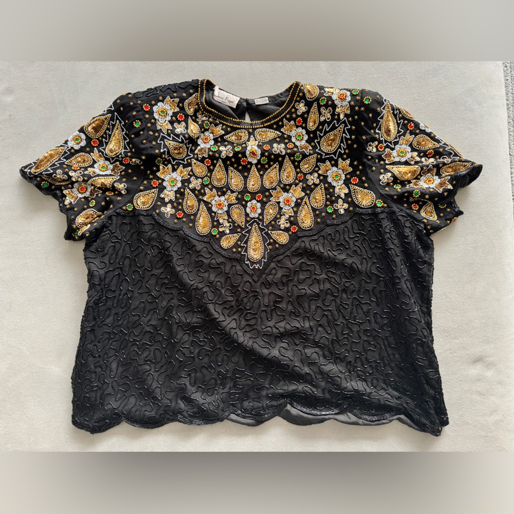 Vintage Laurence Kazar 100% silk hand beaded top